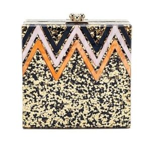 LIKE DREAMS Alexa Confetti Glitter Acrylic Purse Clutch Gold Black Crossbody New